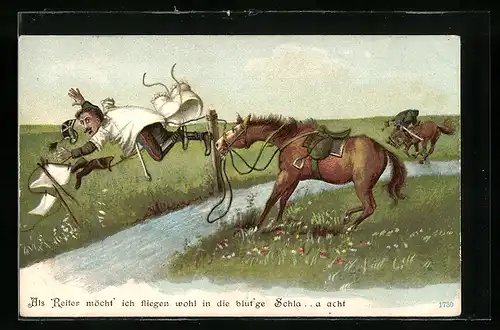 AK Schweizer Soldat in Uniform fliegt vom Pferd