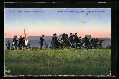 AK Soldaten der Artillerie mit Kanone, Schweizer Grenzbesetzung 1914