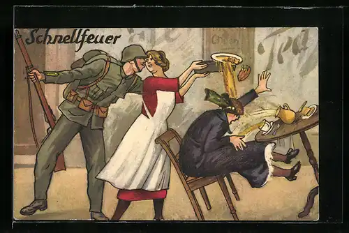 AK Schweizer Soldat küsst Wirtin und Frau fällt vom Stuhl