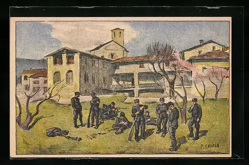 Künstler-AK schweizer Soldaten auf einer Wiese