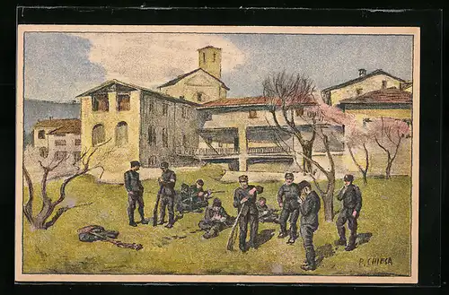 Künstler-AK schweizer Soldaten auf einer Wiese