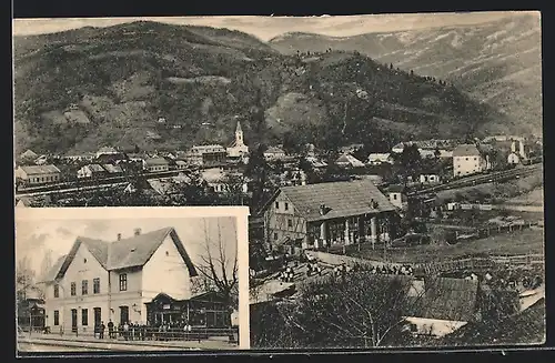 AK Rahovo, Ortsansicht aus der Vogelschau, Bahnhofpartie