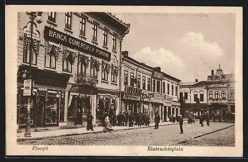 AK Ploesti, Eintrachtsplatz mit Bank und Geschäften