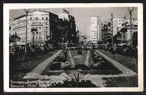 AK Beograd, Hotel Balkan mit Strassenbahn