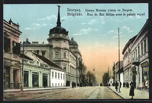 AK Belgrade, Rue de Roi Milan avec le palais royal