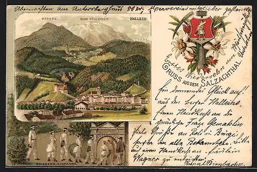 Vorläufer-Lithographie Hallein, 1894, Ortsansicht mit Sattel, Salzberg-Einfahrt