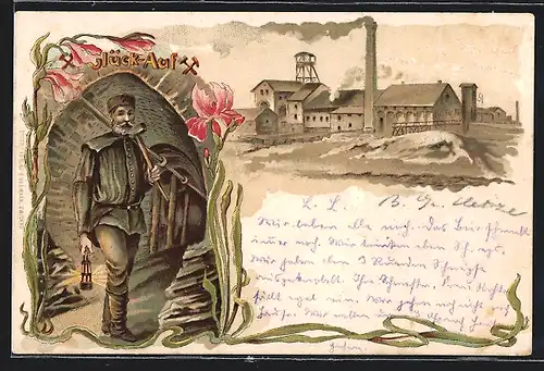 Lithographie Blick auf Bergwerk, Bergarbeiter im Schacht
