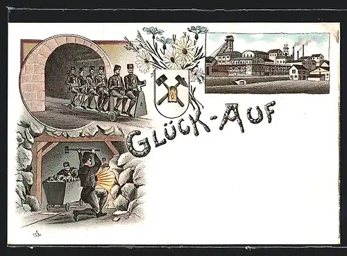 Lithographie Blick auf Bergwerk, Bergarbeiter beim Steine Abbau