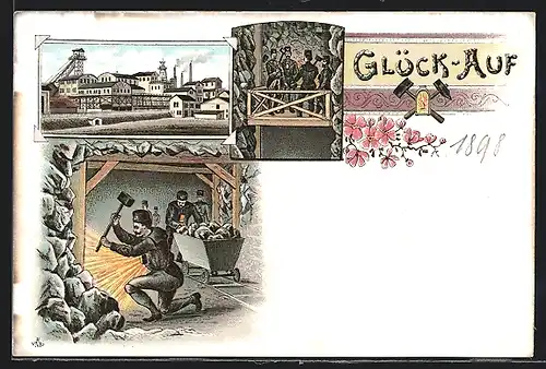 Lithographie Bergarbeiter im Aufzug, Ansicht des Bergwerks