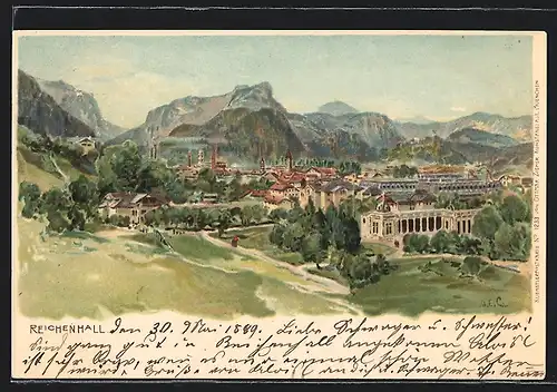 Künstler-AK Edward Theodore Compton: Reichenhall, Ortsansicht von oben