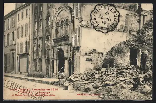 AK Luneville, La Synagogue et Maisons de la Rue Castara incendiées