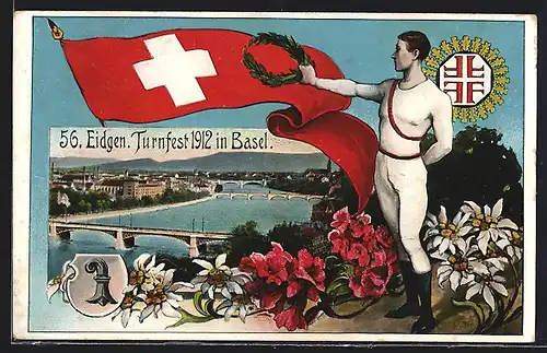 AK Basel, 56. Eidgen. Turnfest 1912, Schweizer Fahne, Turner mit Lorbeerkranz