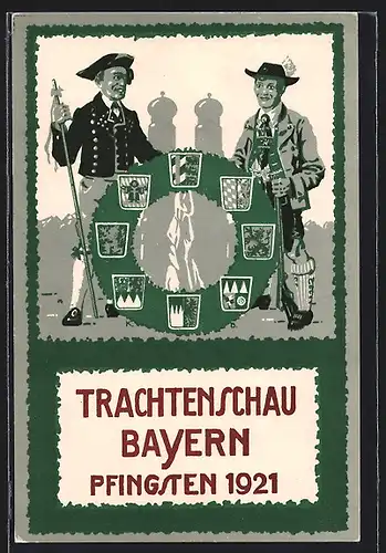 Künstler-AK München, Trachtenschau Pfingsten 1921, Fahnenweihe des GTV Almrausch-Edelweiss