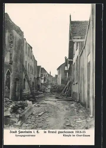 AK Sennheim, im Krieg zerschossene Gebäude an der Synagogenstrasse