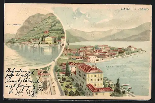 Lithographie Como /Lago di Como, Hotel Menaggio, Panorama