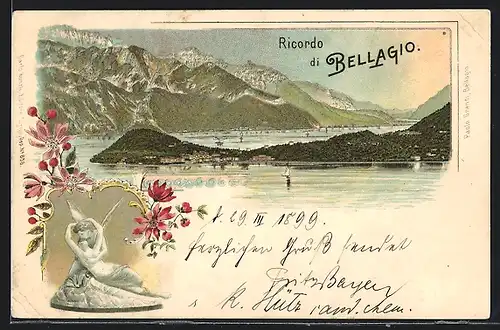 Lithographie Bellagio, Panorama und Figurengruppe