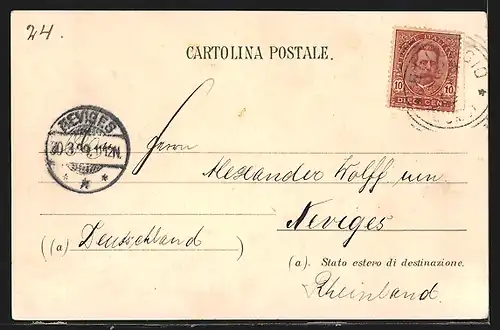 Lithographie Bellagio, Panorama und Figurengruppe