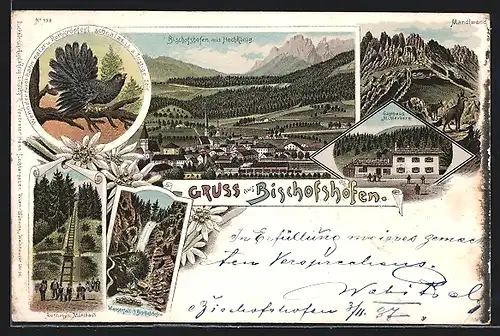 Lithographie Bischofshofen, Aufzug in Mühlbach, Wasserfall, Gasthaus Mitterberg, Mandlwand, Totalansicht mit Hochkönig