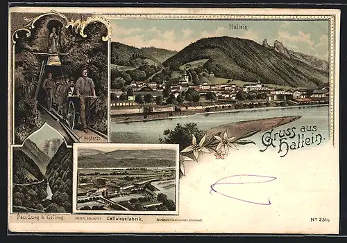 Lithographie Hallein, Celluslosefabrik, Arbeiter bei der Ausfahrt aus dem Bergwerk, Teilansicht