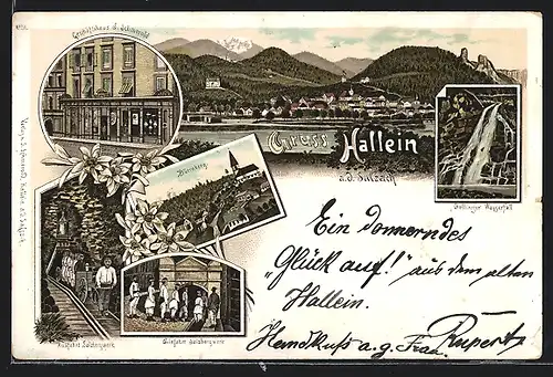 Vorläufer-Lithographie Hallein a. d. Salzach, 1895, Geschäftshaus J. Schmerold, Dürrnberg, Gollinger Wasserfall