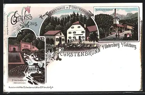 Lithographie Grödig, Fürstenbrunn a. Untersberg, Gasthaus, Ortsansicht