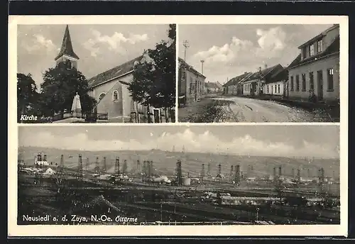 AK Neusiedl a. d. Zaya /N.-Oe., Öltürme, Kirche, Strassenpartie