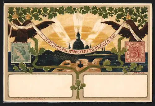 Lithographie Dresden, 11. Deutscher Philatelistentag 1899, Sonnenaufgang