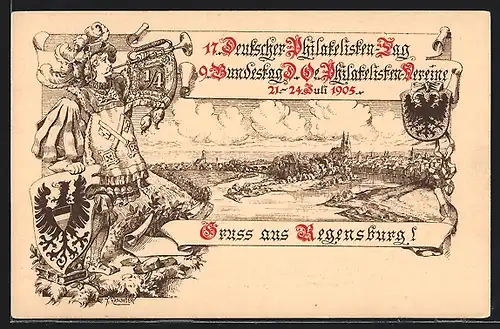 Lithographie Regensburg, 17. Deutscher Philatelisten Tag 1905, Trompeter
