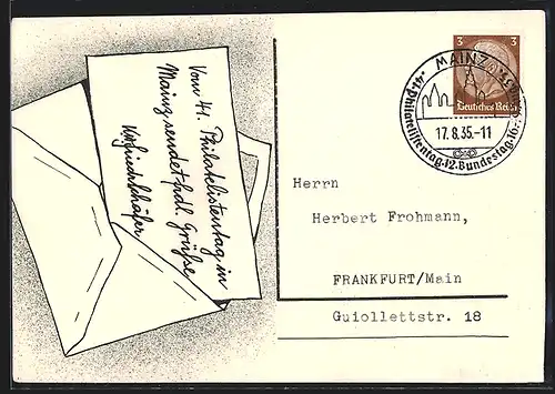 Künstler-AK Mainz, 41. Philatelistentag, Brief im Kuvert