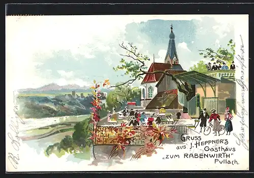 Lithographie Pullach, Gasthaus zum Rabenwirt von J. Heppner