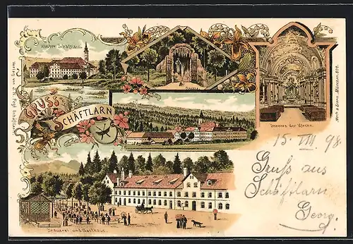 Lithographie Schäftlarn, Kloster, Grotte, Kirche, Brauerei u. Gasthaus, Kircheninnenansicht