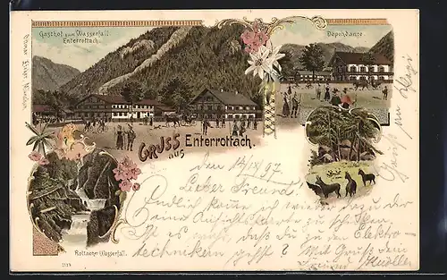 Lithographie Enterrottach, Gasthof zum Wasserfall Enterrottach, Wasserfall, Dependance