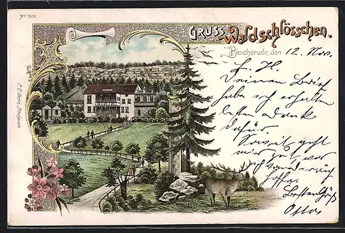 Lithographie Bleicherode, Gasthof Waldschlösschen, Hirsch im Wald