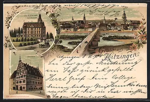 Lithographie Kitzingen, Von Deutersches Schlösschen, Rathaus, Ortsansicht