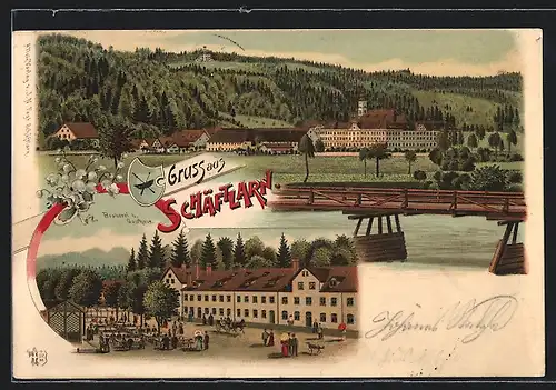 Lithographie Schäftlarn, Brauerei und Gasthaus, Uferpartie mit Brücke