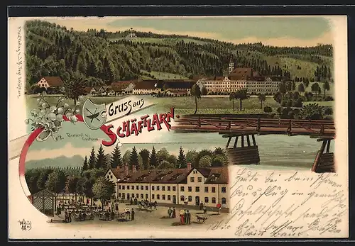 Lithographie Schäftlarn, Brauerei und Gasthaus, Uferpartie mit Brücke