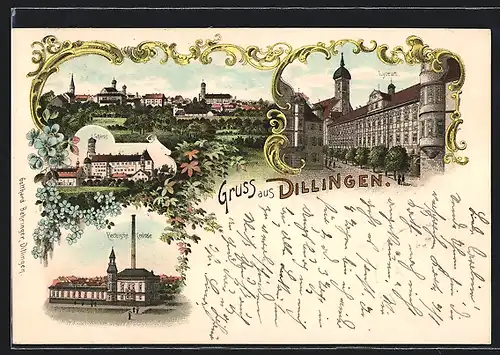 Lithographie Dillingen a. D., Lyceum, Schloss, Elektrische Zentrale