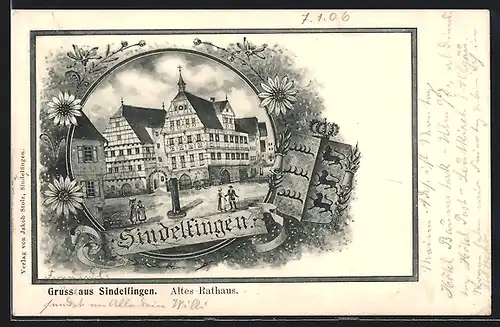 Lithographie Sindelfingen, Altes Rathaus mit Wappen