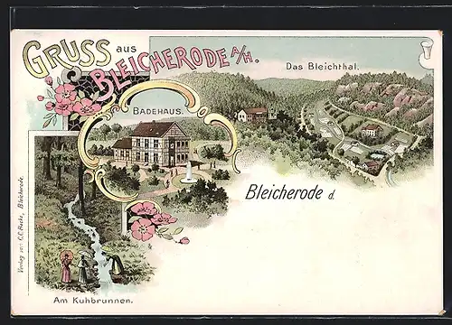 Lithographie Bleicherode a. H., Badehaus mit Springbrunnen, Kuhbrunnen