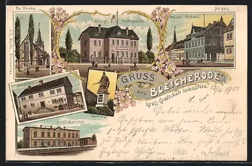 Lithographie Bleicherode a. H., Bahnhof, Rathaus und Denkmal