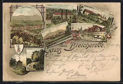 Vorläufer-Lithographie Bleicherode, 1895, Hauptstrasse mit Café, Waldschlösschen, Ortsansicht