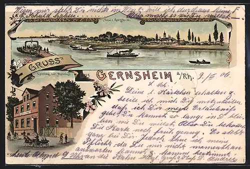Lithographie Gernsheim, Gasthaus zur Rheinlust, Totalansicht