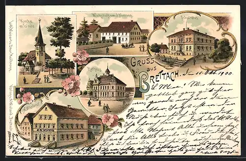 Lithographie Brettach, Gastwirtschaft von J. Hornung, Schulhaus, Kirche mit Linde