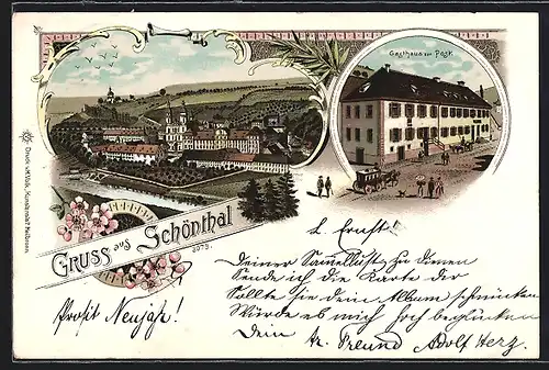 Lithographie Schöntal, Gasthaus zur Post, Ortsansicht