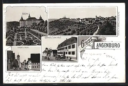 Lithographie Langenburg, Gasthaus zum Lamm, Post, Schloss, Kirche