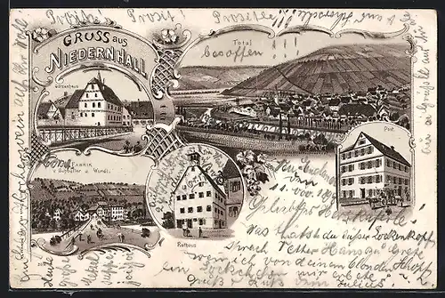 Lithographie Niedernhall, Götzenhaus, Fabrik von Schaufler und Wundt, Post und Rathaus