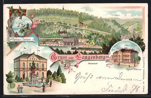 Lithographie Langenberg /Rheinland, Rathhaus und Denkmal, Kaiserliches Postamt