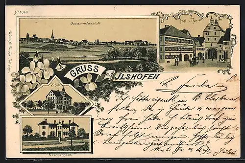 Lithographie Ilshofen, Krankenhaus, Post u. Tor, Panorama