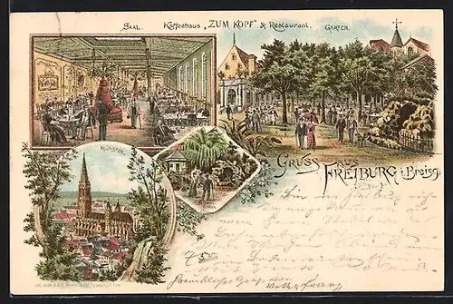 Lithographie Freiburg, Kaffeehaus Zum Kopf, Garten & Saal, Münster & Grotte