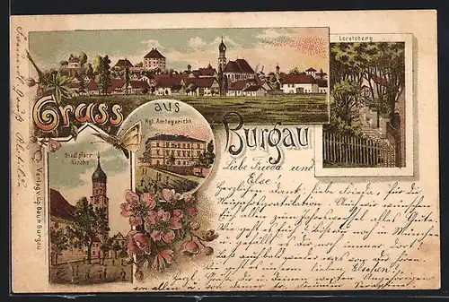 Lithographie Burgau, Kgl. Amtsgericht, Stadtpfarr-Kirche und Loretoberg, Panorama